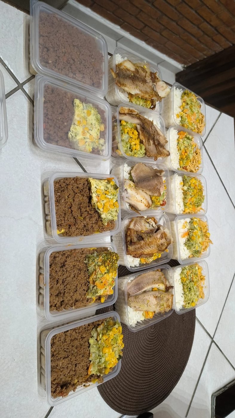 Marmitas com arroz, peixe, carne moída e legumes sobre a mesa